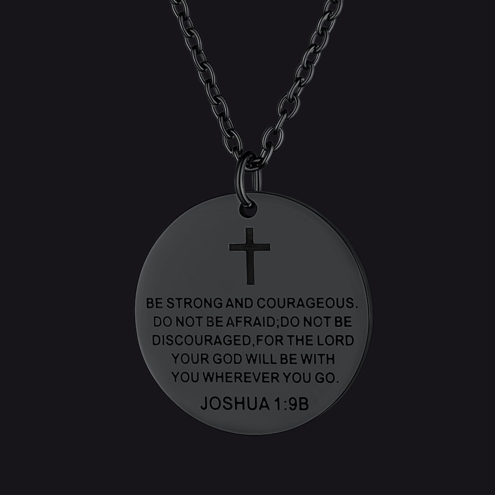 FaithHeart Christian Joshua 1:9 Cross Medal Necklace For Men Black