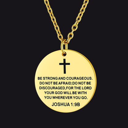 FaithHeart Christian Joshua 1:9 Cross Medal Necklace For Men Gold