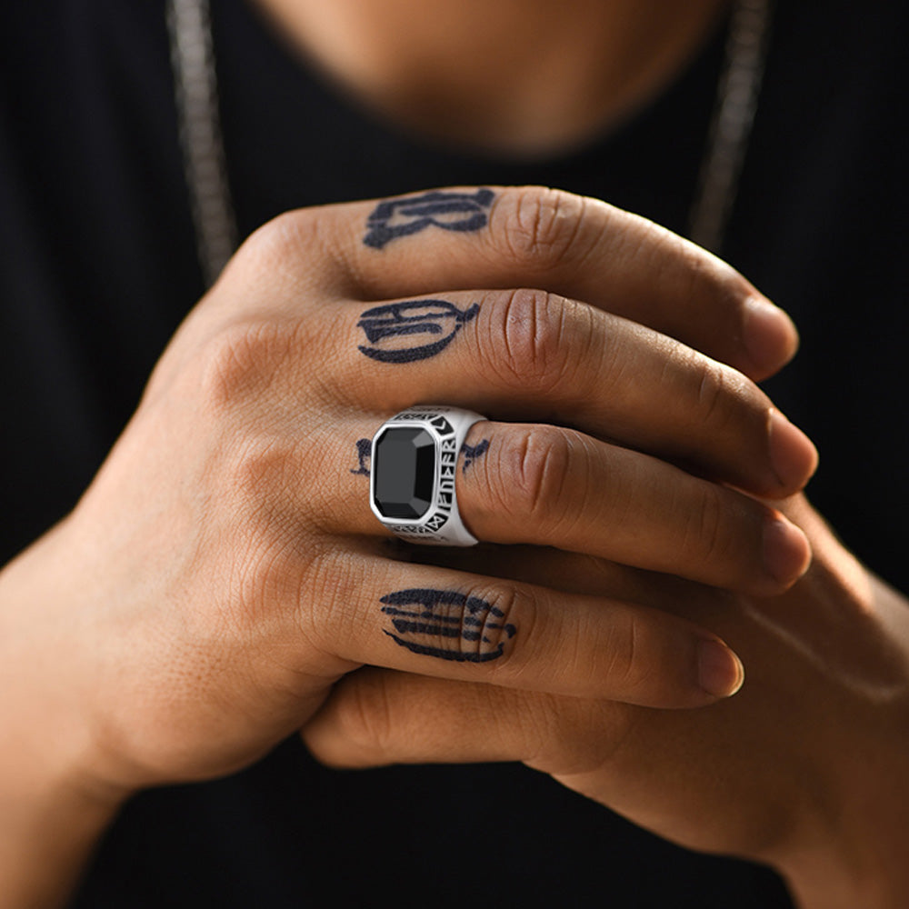 FaithHeart Customized Black Onyx Runes Engraved Rings for Men