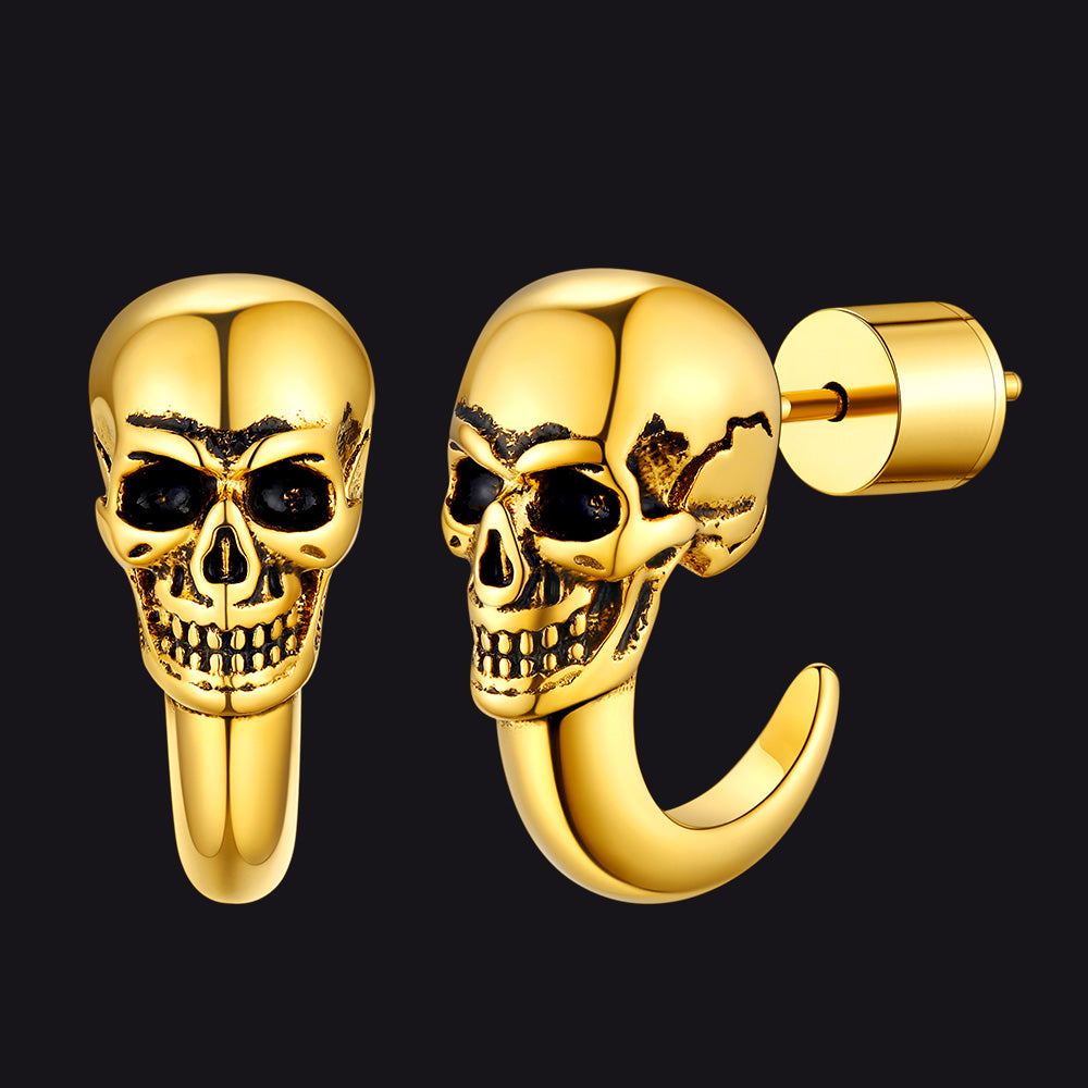 FaithHeart Gothic Half-Circle Skull Huggie Earrings Gold