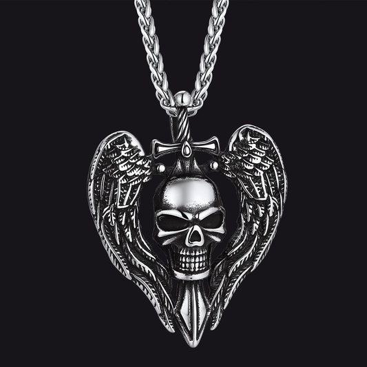 FaithHeart Gothic Sword Winged Skull Pendant Necklace