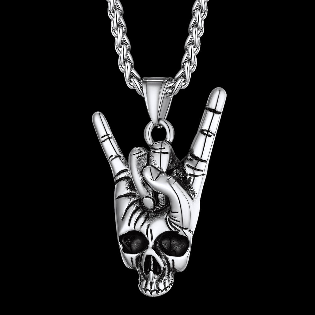 Rock Hand Skeleton Skull Necklace for Men Silver