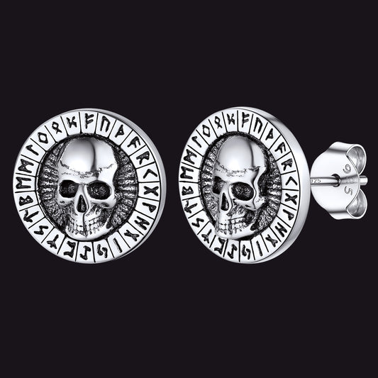 FaithHeart Skull Runes Sterling Silver Earrings For Men FaithHeart
