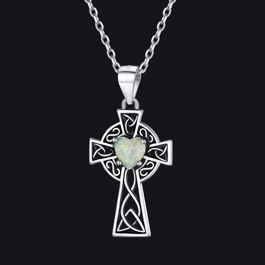 FaithHeart Sterling Silver Celtic Cross Opal Pendant Necklace For Women