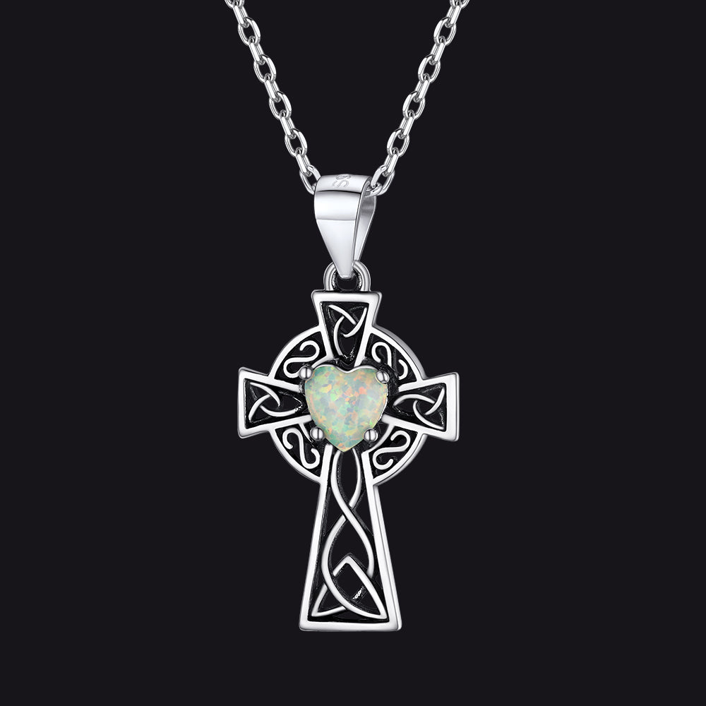 FaithHeart Sterling Silver Celtic Cross Opal Pendant Necklace For Women