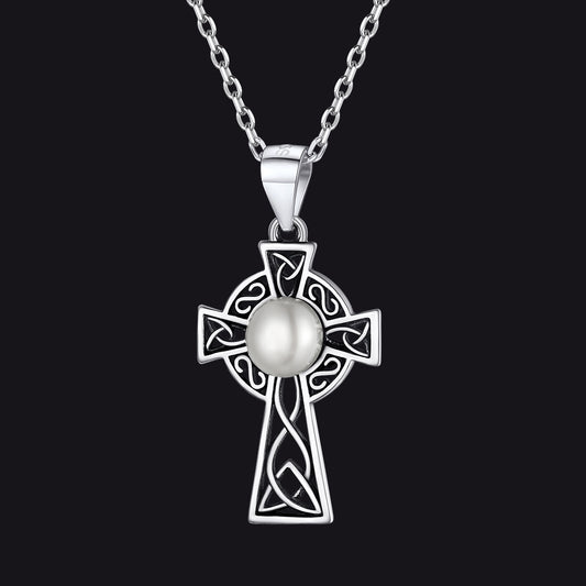 FaithHeart Sterling Silver Celtic Cross Pearl Pendant Necklace For Women