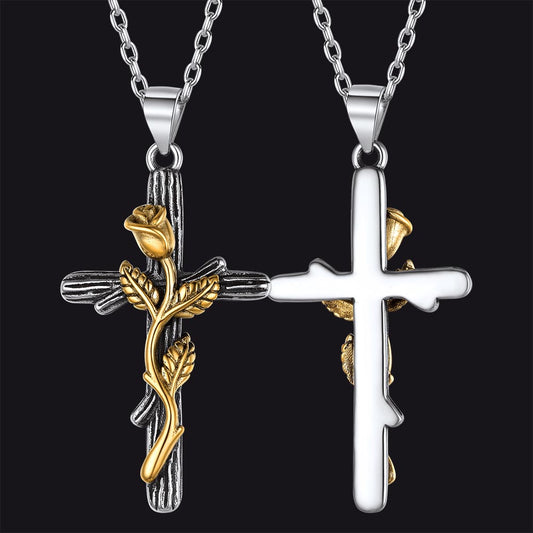 FaithHeart Sterling Silver Cross Necklace With Rose for Women FaithHeart