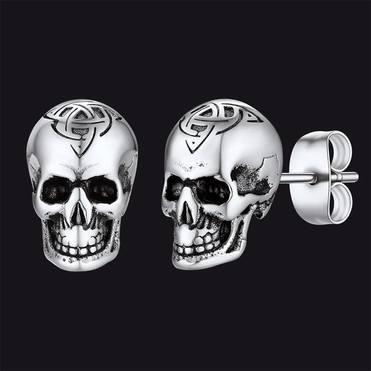 FaithHeart Gothic Skull Stud Earrings Celtic Triquetra Earrings For Men