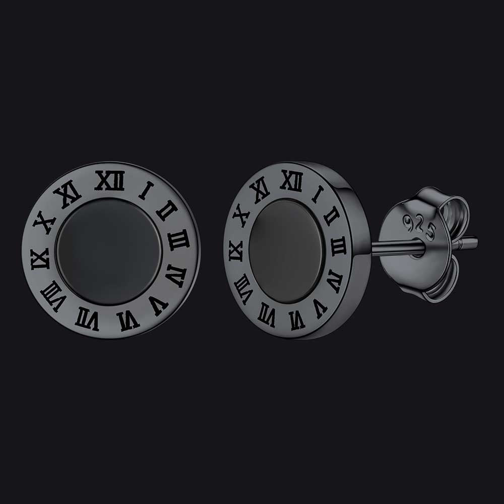 FaithHeart Sterling Silver Roman Numerals Black Onyx Stud Earrings Black