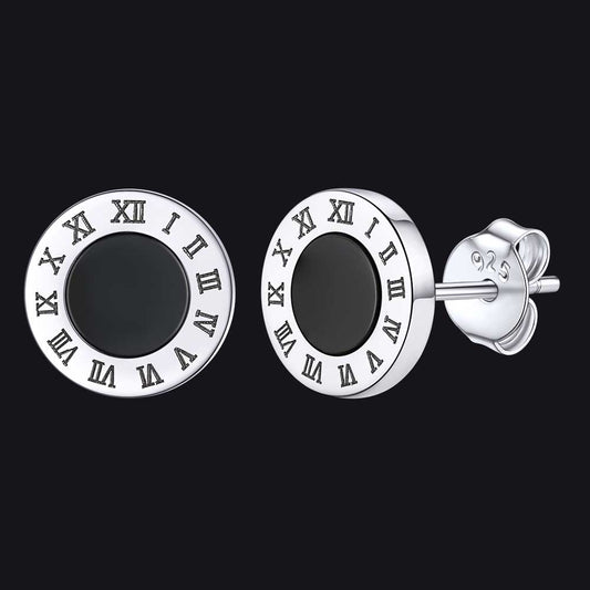 FaithHeart Sterling Silver Roman Numerals Black Onyx Stud Earrings