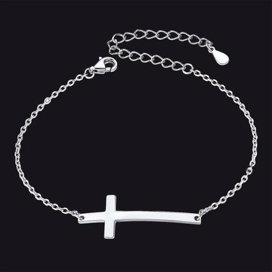FaithHeart Sterling Silver Sideways Cross Bracelet For Men/Women