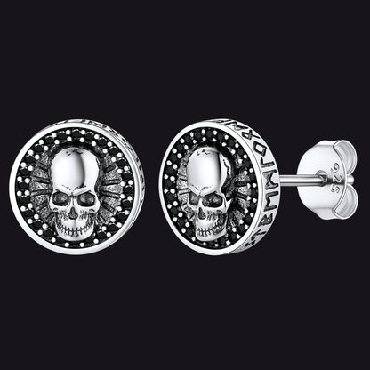 FaithHeart Sterling Silver Skull Stud Earrings With Runes