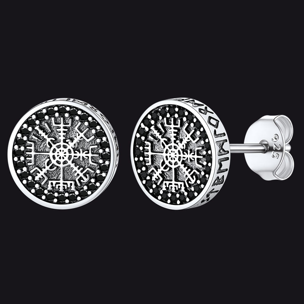 FaithHeart Sterling Silver Viking Compass Stud Earrings With Runes