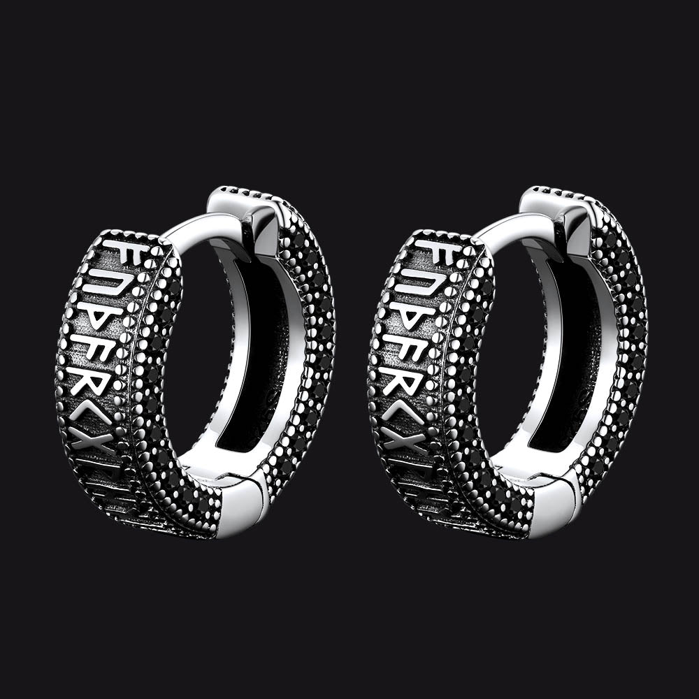 FaithHeart Sterling Silver Viking Runes Hoop Earrings With CZ