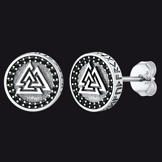 FaithHeart Sterling Silver Viking Valknut Stud Earrings With Runes