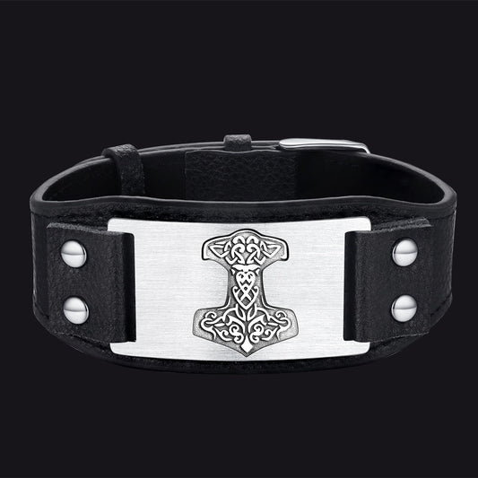 FaithHeart Thor's Hammer Cuff Bracelet Leather Wristband For Mens