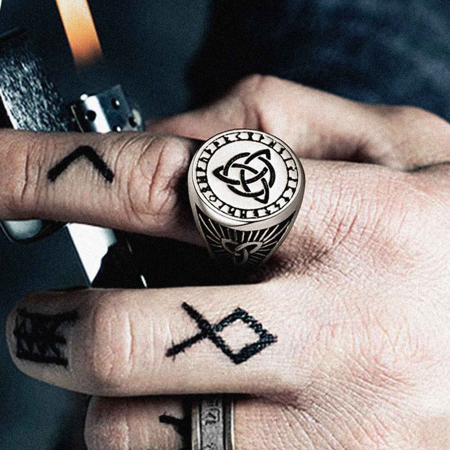 FaithHeart Viking Runes Celtic Trinity Knot Signet Ring FaithHeart