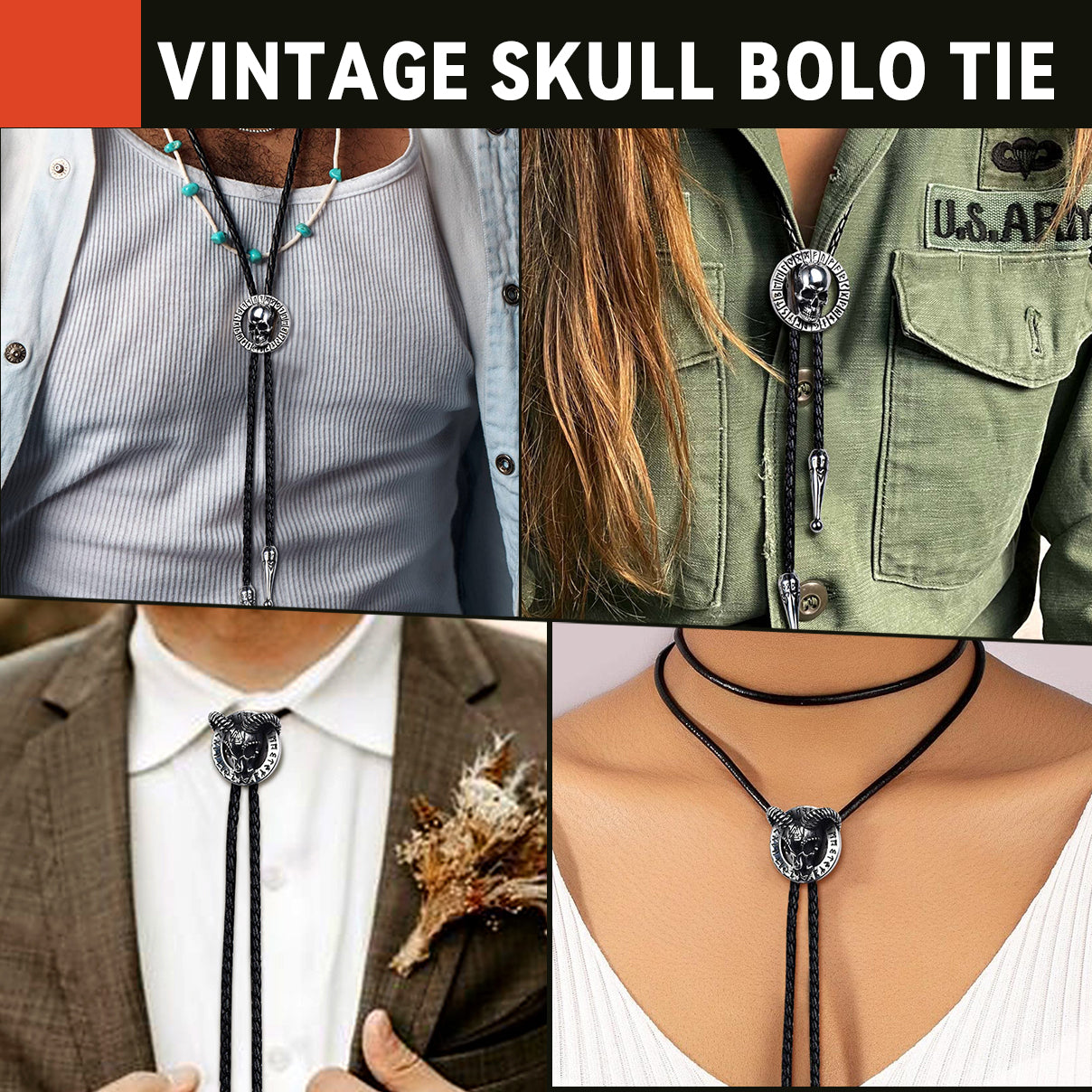 FaithHeart Viking Bolo Tie for Men, Skull Steel Pendant FaithHeart