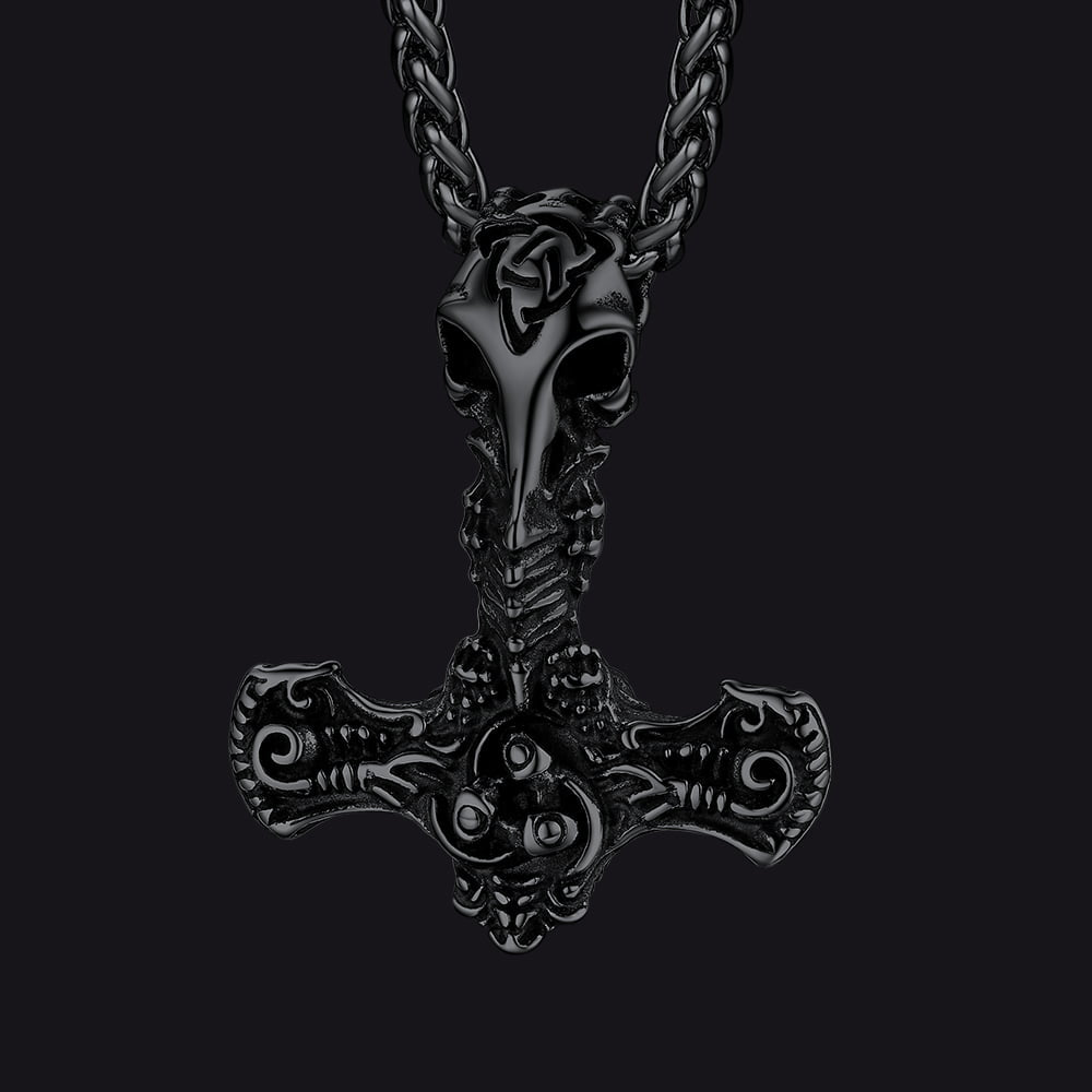FaithHeart Viking Thor's Hammer Raven Necklace Pendant for Men Black