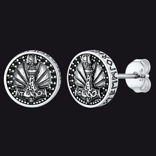 FaithHeart Sterling Silver Viking Thor's Hammer Stud Earrings With Runes