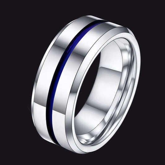 FaithHeart Tungsten Band Ring Two Tone Grooved Ring For Men Blue
