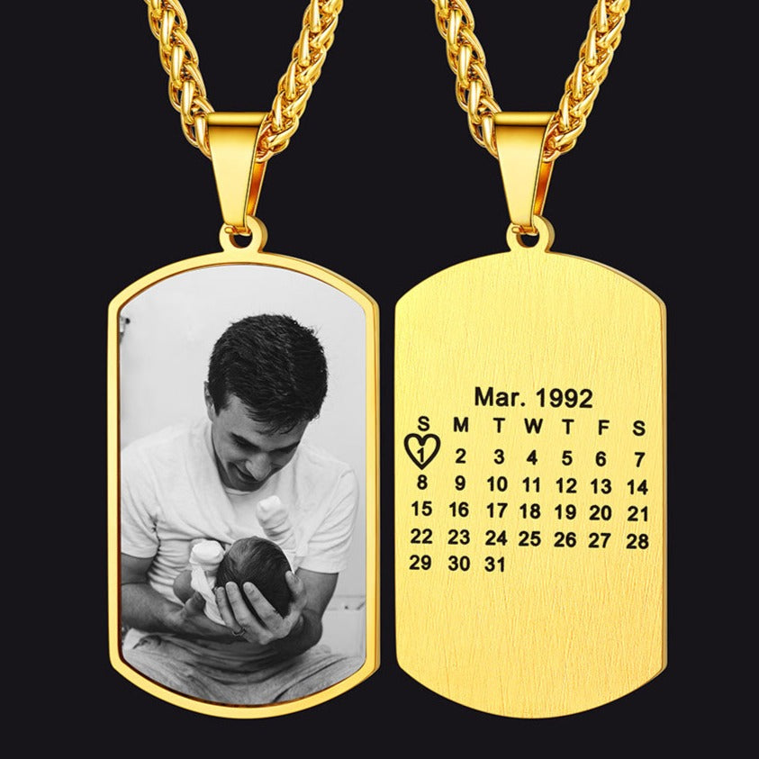 Faithheart Custom Photo Calendar Dog Tag Necklace Gift for Dad Gold