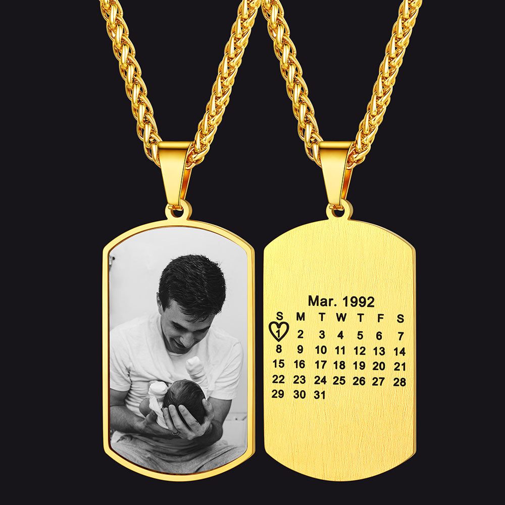 Faithheart Custom Photo Calendar Dog Tag Necklace Gift for Dad Gold