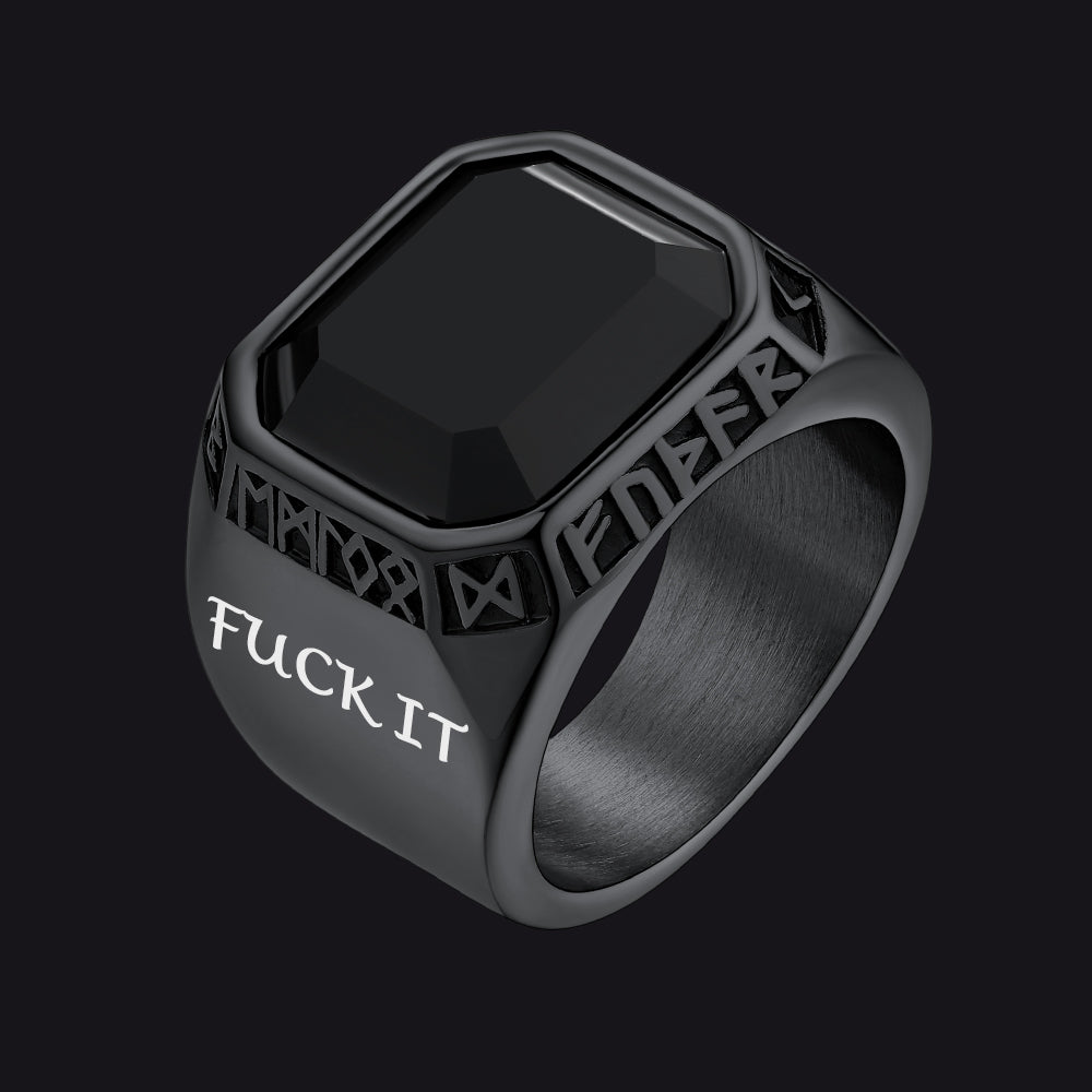 Faithheart Fuck it Black Onyx Ring with Viking Runes for Men