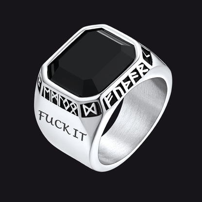 Faithheart Fuck it Black Onyx Ring with Viking Runes for Men FaithHeart Jewelry