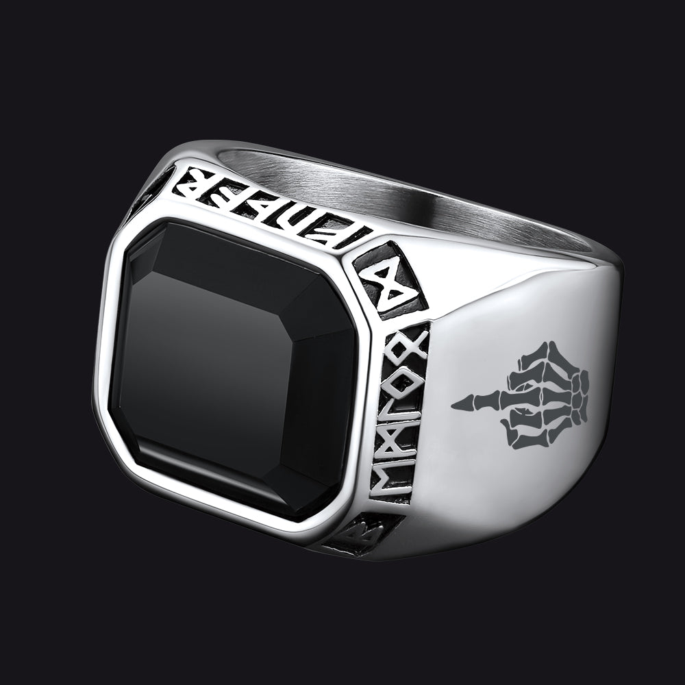 Faithheart Fuck it Black Onyx Ring with Viking Runes for Men FaithHeart Jewelry
