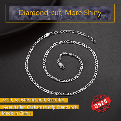 S925 Silver Figaro Link Chain Necklace for Women Men 3mm/5mm