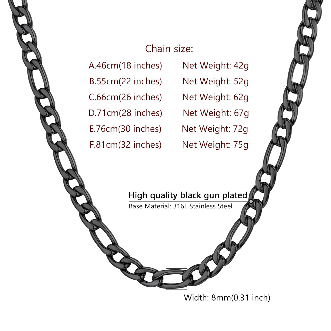 Figaro Link Chain Necklace for Men Boys, 3/5/8/12MM Wide