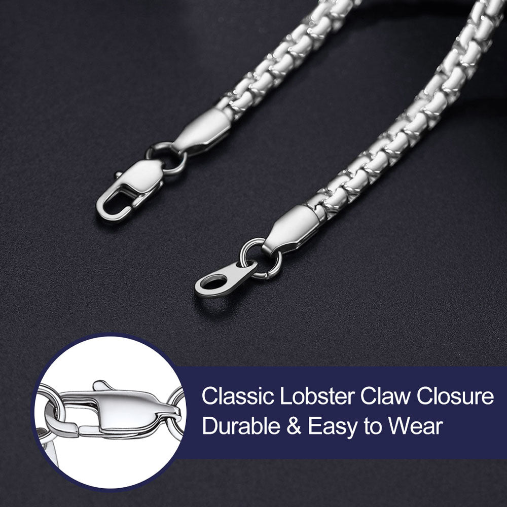 Close-up of flat box chain clasp and interlocking links