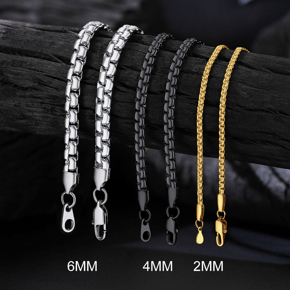 Flat box chain necklace showing 2mm, 4mm, 6mm width comparison