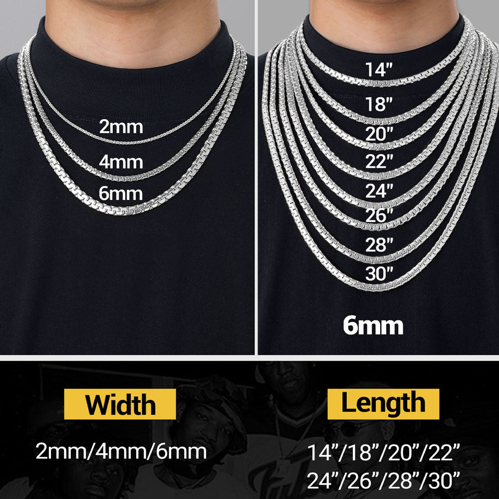 Flat box chain necklace size chart showing 2mm, 4mm, 6mm width comparison