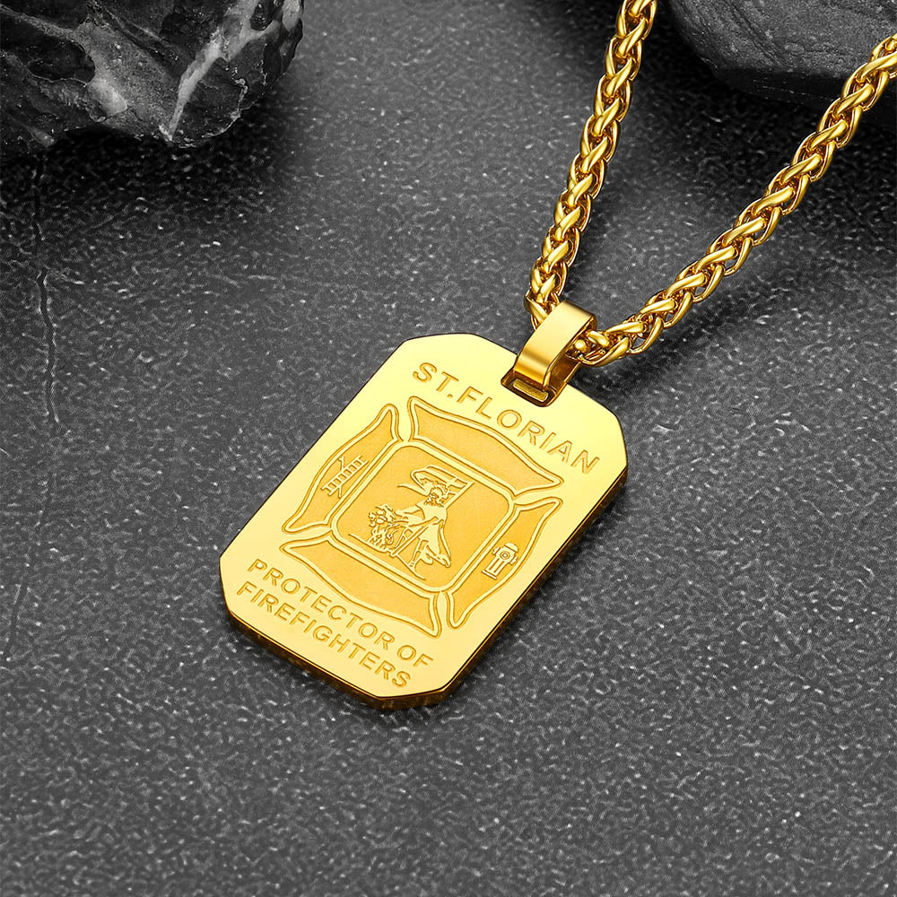 Engraved Saint Florian Firefighter Dog Tag Necklace for Firemen Men