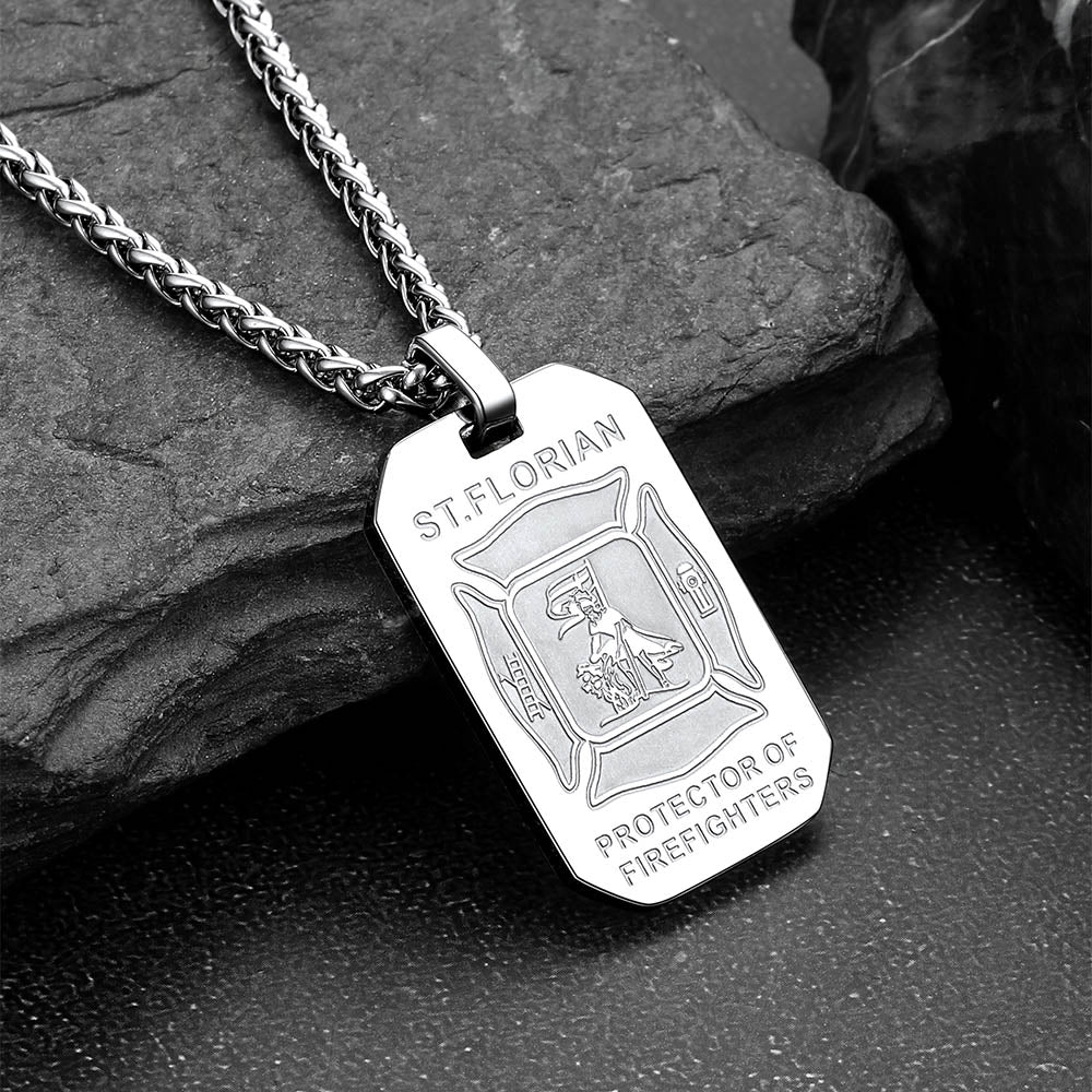 Engraved Saint Florian Firefighter Dog Tag Necklace for Firemen Men