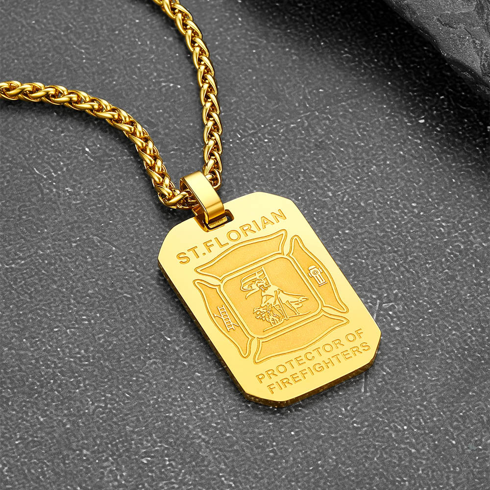 Engraved Saint Florian Firefighter Dog Tag Necklace for Firemen Men