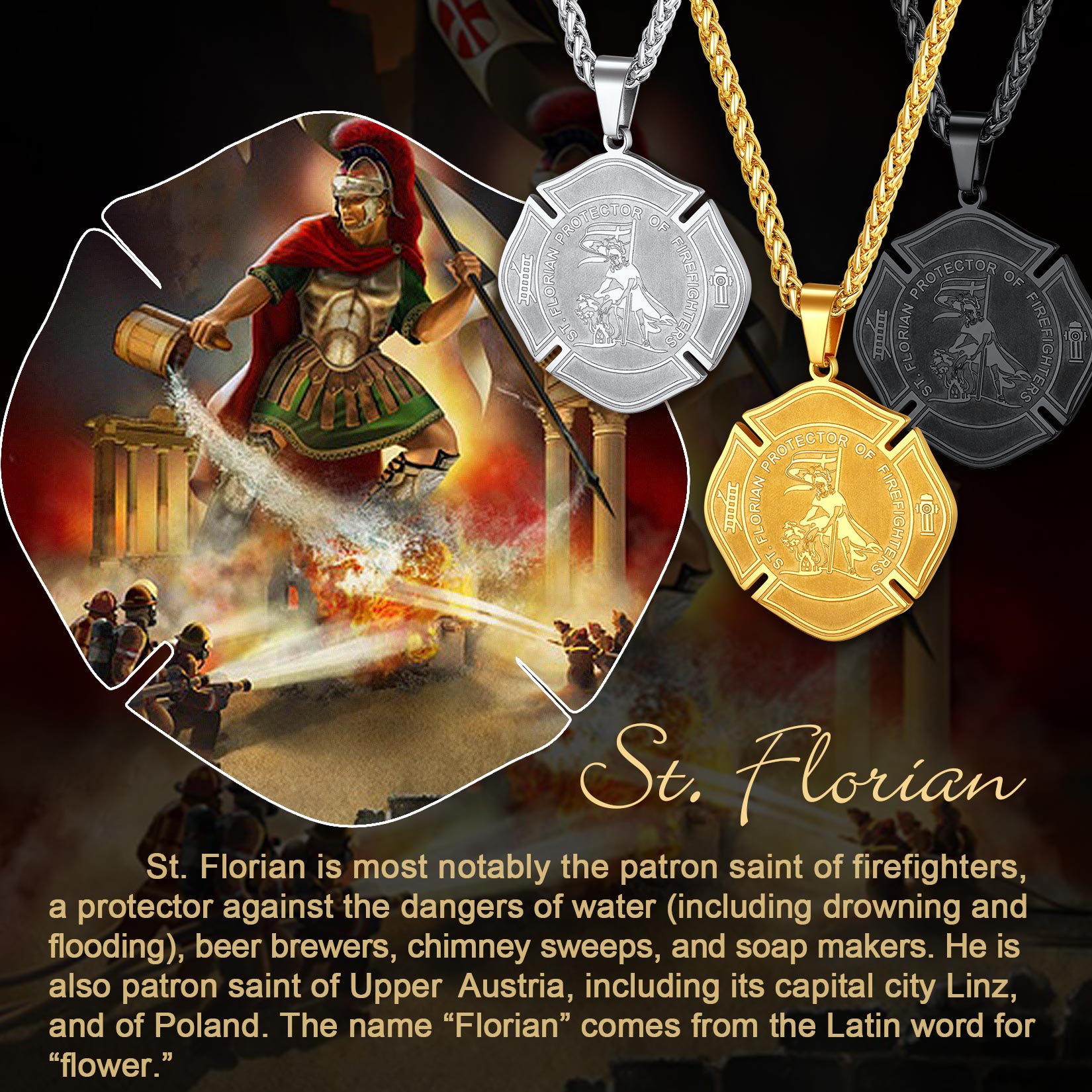 Engraved Saint Florian Firefighter Necklace Gifts for Police Father Son