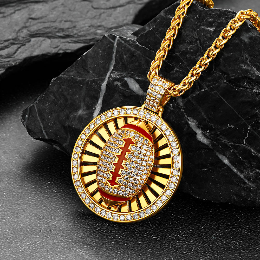 Gold Zirconia American Football Spinner Necklace for Sports Fan