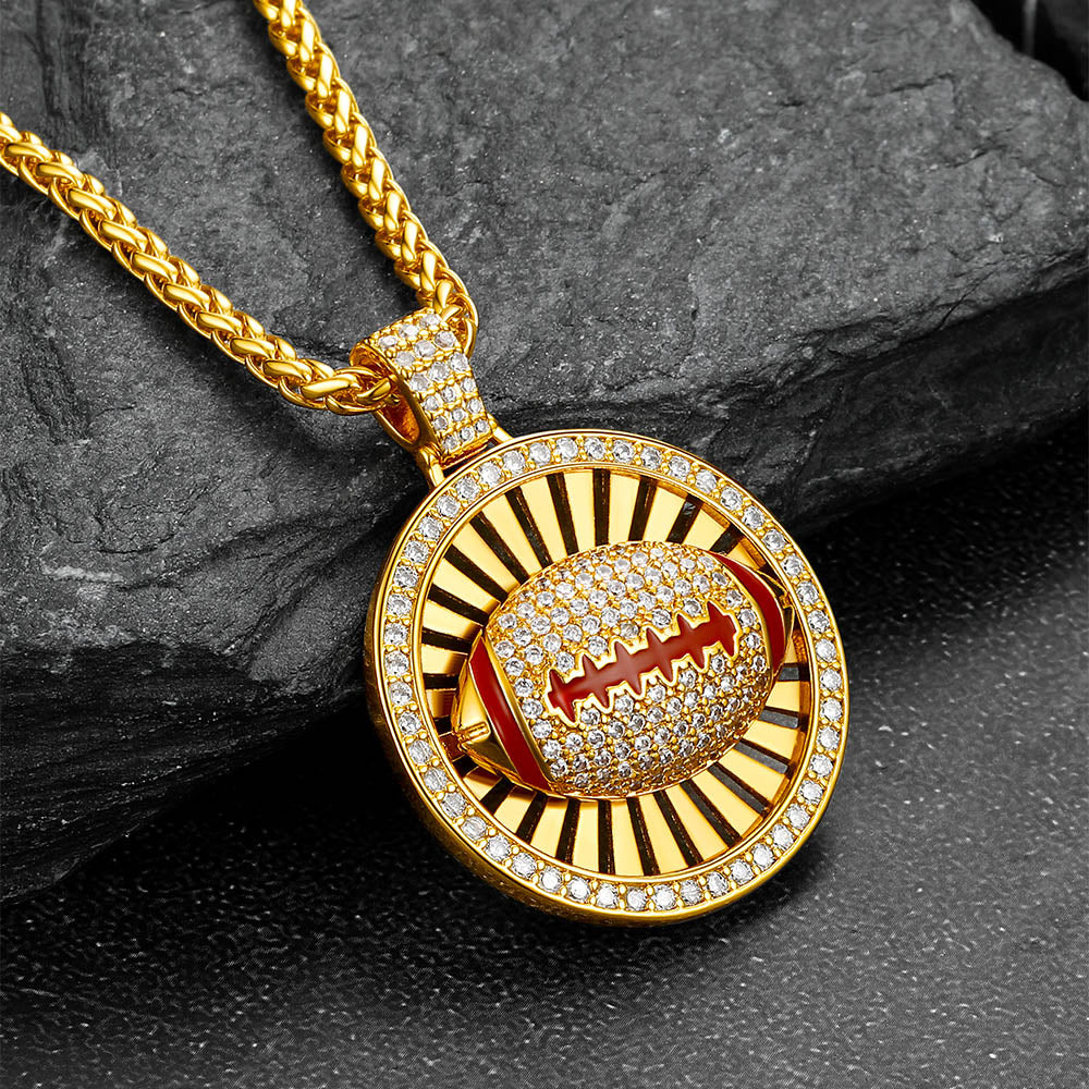 Gold Zirconia American Football Spinner Necklace for Sports Fan