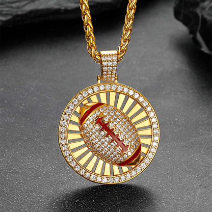 Gold Zirconia American Football Spinner Necklace for Sports Fan