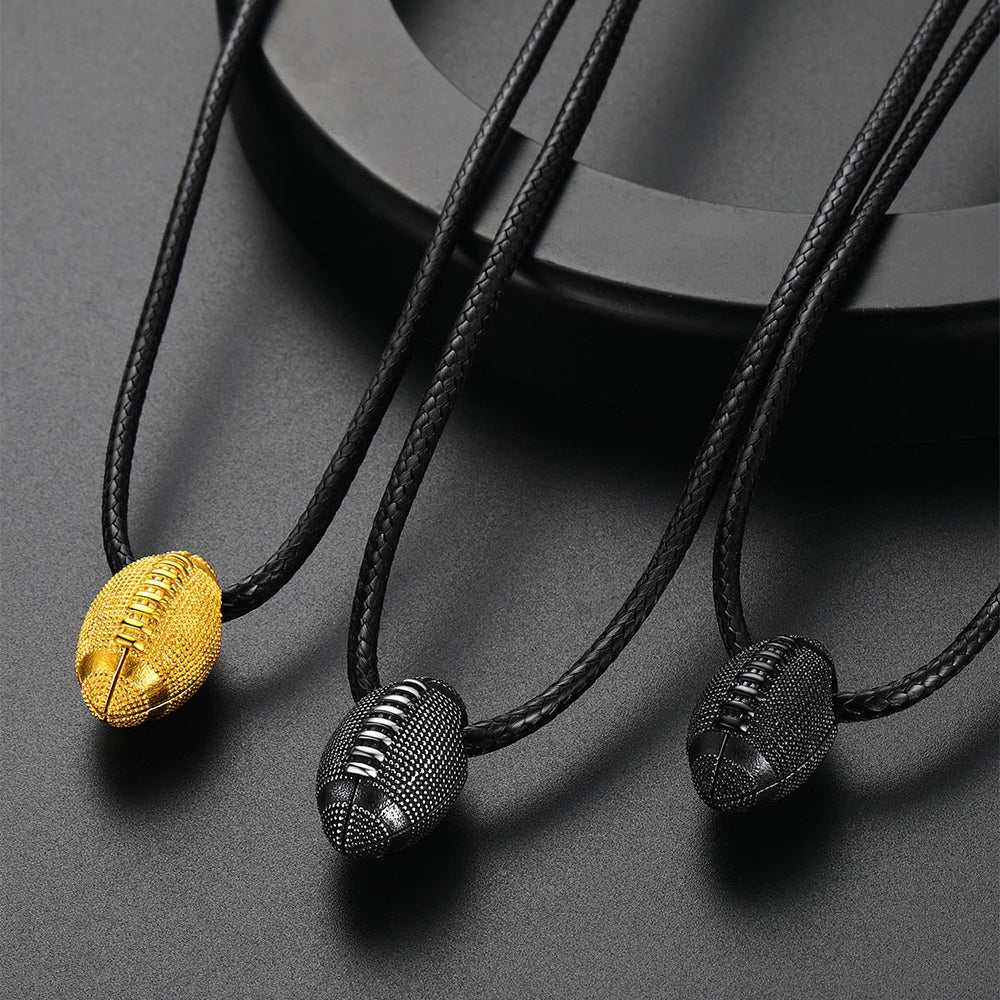 Football Pendant Leather Necklace Cord for Men Sports Fans