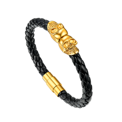 Black Braided Leather Bracelet With Skull for Men