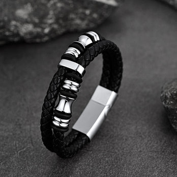 FaithHeart Black Braided Leather Punk Stainless Steel Bracelet FaithHeart