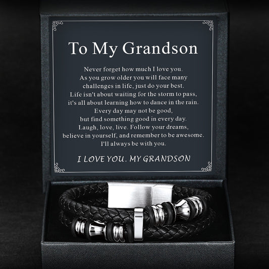 Gift box with leather bracelet and pen set, featuring a message to Grandsonimg
