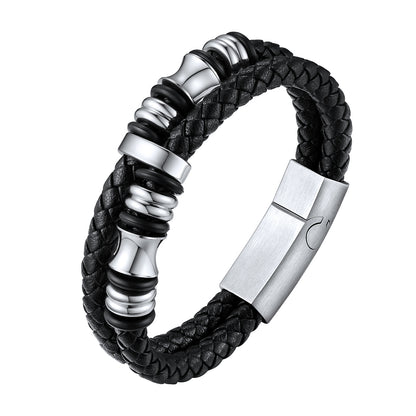 Black Braided Engraved Leather Bracelet Cuff for Men