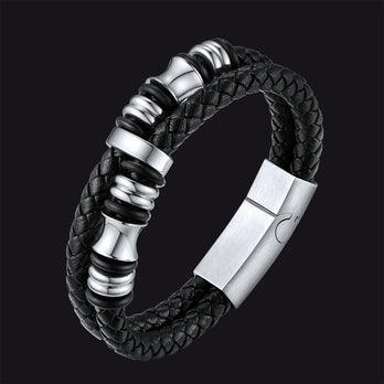 FaithHeart Black Braided Leather Punk Stainless Steel Bracelet FaithHeart