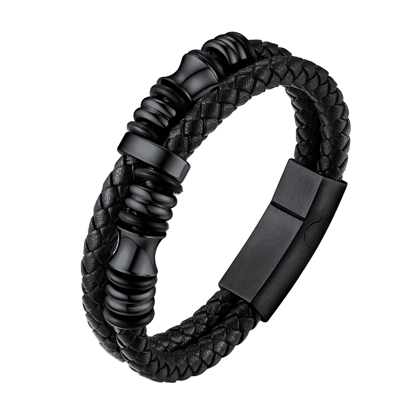 Engraved Black Braided Leather Bracelet Cuff Gift for Men