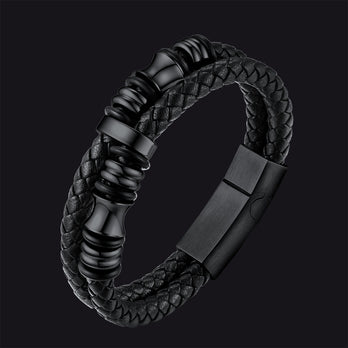 FaithHeart Black Braided Leather Punk Stainless Steel Bracelet FaithHeart